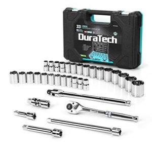 duratech 1/2" drive socket set, 33-piece, including metric/sae sockets, 1/2-inch ratchet, breaker bar and socket adapters
