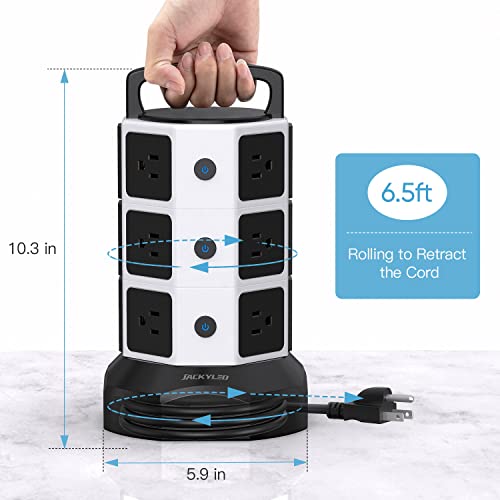 Power Strip Tower Surge Protector 1050J, JACKYLED 20 AC Outlets 6 USB Ports, 3000W 13A Desktop Electrical Charging Station, 6.5ft Heavy Duty Extension Cord, for Home, Office, Garage, White Black