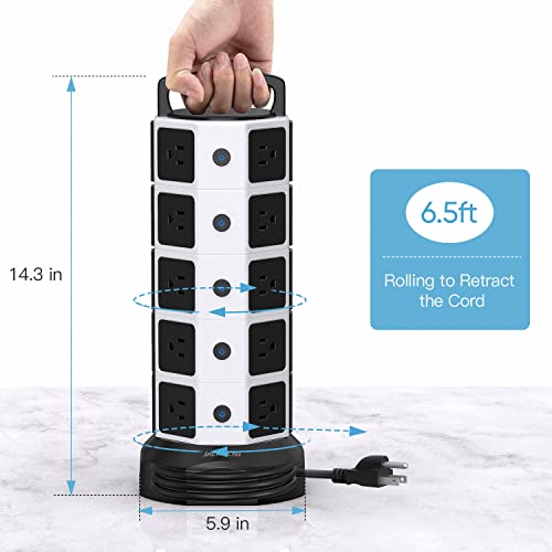 Power Strip Tower Surge Protector 1050J, JACKYLED 20 AC Outlets 6 USB Ports, 3000W 13A Desktop Electrical Charging Station, 6.5ft Heavy Duty Extension Cord, for Home, Office, Garage, White Black