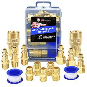 le lematec 15pc air compressor hose fitting kit with storage case, 1/4" npt quick connect air tool fittings, solid brass high flow connectors; 3 male and 3 female plugs + 5 male to male
