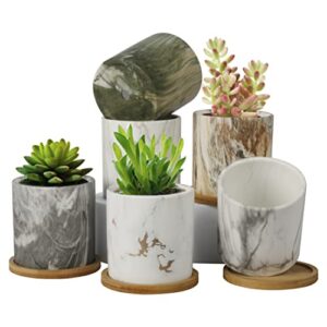 buymax succulent plant pots, 3.1 inch marbling ceramic glazed planters with drainage hole, small flower pot indoor with bamboo tray for cactus, house office decor gift - 6 pack (marble-b)