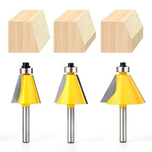 MEIGGTOOL 3Pcs Chamfer Router Bit Set, 1/4-Inch Shank Round Nose, Cutting Angle: 15, 22.5, 30 Degree, 1 Inch Cutting Length