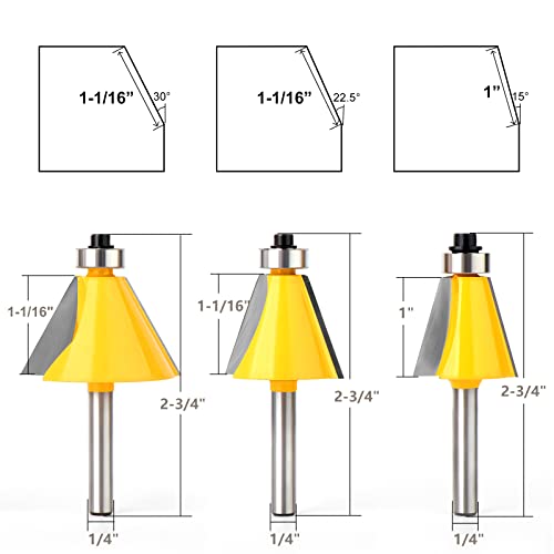 MEIGGTOOL 3Pcs Chamfer Router Bit Set, 1/4-Inch Shank Round Nose, Cutting Angle: 15, 22.5, 30 Degree, 1 Inch Cutting Length