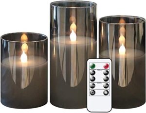 genswin gray glass flameless led candles battery operated with timer and 10-key remote, real wax warm light candles flickering for wedding festival home decoration (set of 3)