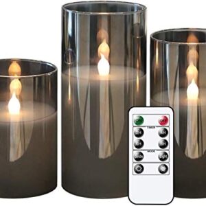 GenSwin Gray Glass Flameless Led Candles Battery Operated with Timer and 10-Key Remote, Real Wax Warm Light Candles Flickering for Wedding Festival Home Decoration (Set of 3)