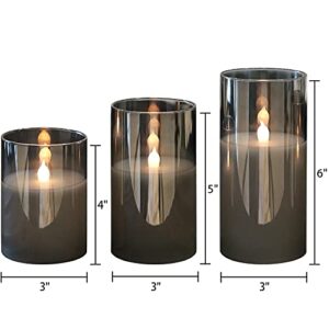 GenSwin Gray Glass Flameless Led Candles Battery Operated with Timer and 10-Key Remote, Real Wax Warm Light Candles Flickering for Wedding Festival Home Decoration (Set of 3)