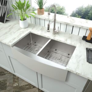 mocoloo 33 inch farmhouse sink double bowl 50/50 stainless steel 16 gauge apron front farm kitchen sink
