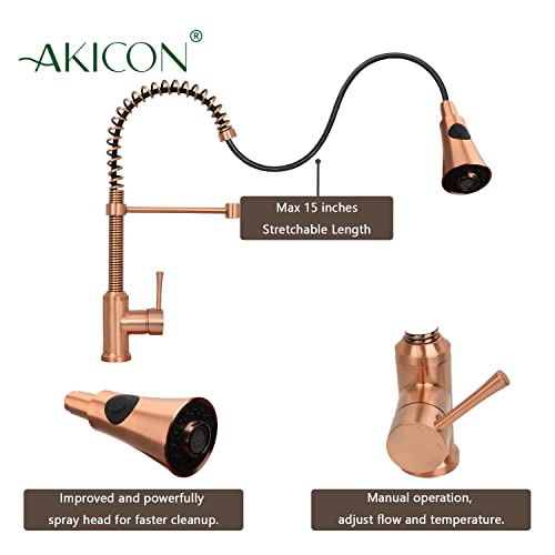 One-Handle Pre-Rinse Pull-Down Spring Kitchen Faucet in Copper - Akicon