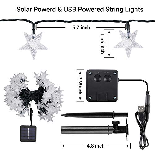 OxyLED Solar String Lights Outdoor Christmas 59 Ft 110 LED Star Lights Decorative 8 Modes USB Rechargeable Twinkle Fairy Lights Waterproof for Garden Patio Backyard Wedding Party Warm White