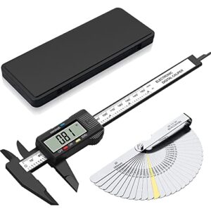 esynic digital vernier caliper 6inch/150mm with 32 blade feeler gauge caliper measuring tool inch/metric conversion lcd electronic caliper micrometer for length width depth inner outer diameter