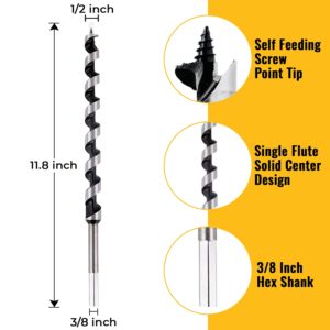 SOMADA 1/2-Inch x 12-Inch Auger Drill Bit for Wood, Hex Shank 3/8-Inch, Ship Auger Long Drill Bit for Soft and Hard Wood, Plastic, Drywall and Composite Materials