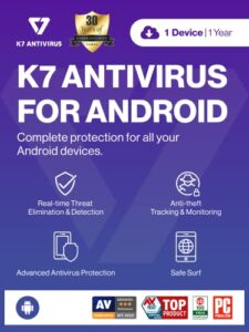 k7 mobile security android for 1 device includes advanced antivirus, anti-theft, burglar alarm, anti malware, data backup & restore (12 months) – download code