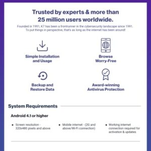 K7 Mobile Security Android for 1 Device Includes Advanced Antivirus, Anti-theft, Burglar Alarm, Anti Malware, Data Backup & Restore (12 Months) – Download Code