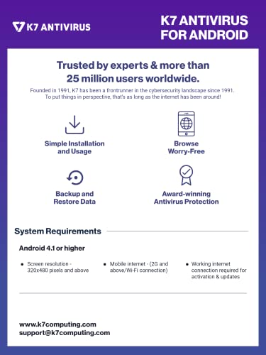 K7 Mobile Security Android for 1 Device Includes Advanced Antivirus, Anti-theft, Burglar Alarm, Anti Malware, Data Backup & Restore (12 Months) – Download Code