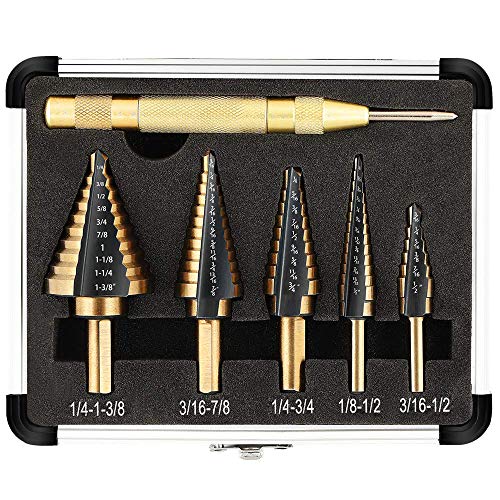 Lockwish 5Pcs Hss Step Drill Bit & Automatic Center Punch,High Speed Steel Drill Bit Set(Black)