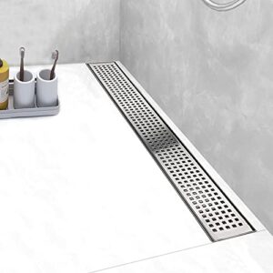 elefloom linear shower drain, shower drain 24 inch with removable grate cover, professional aisi 304 stainless steel shower floor drain, shower drain with hair catcher and leveling feet