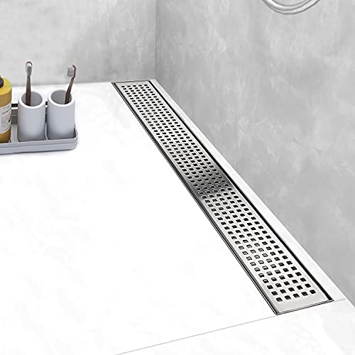 Elefloom Linear Shower Drain, Shower Drain 24 inch with Removable Grate Cover, Professional AISI 304 Stainless Steel Shower Floor Drain, Shower Drain with Hair Catcher and Leveling Feet