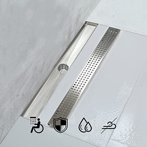 Elefloom Linear Shower Drain, Shower Drain 24 inch with Removable Grate Cover, Professional AISI 304 Stainless Steel Shower Floor Drain, Shower Drain with Hair Catcher and Leveling Feet