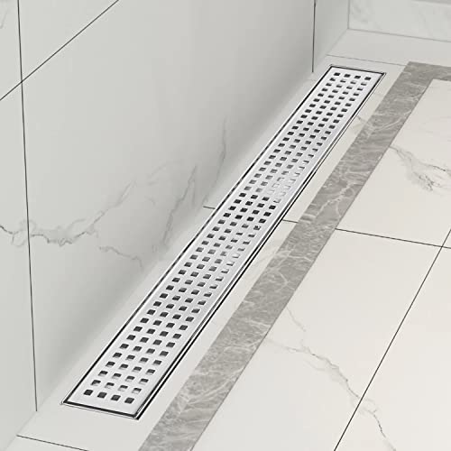 Elefloom Linear Shower Drain, Shower Drain 24 inch with Removable Grate Cover, Professional AISI 304 Stainless Steel Shower Floor Drain, Shower Drain with Hair Catcher and Leveling Feet