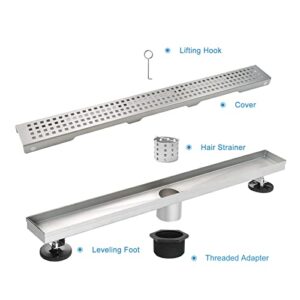 Elefloom Linear Shower Drain, Shower Drain 24 inch with Removable Grate Cover, Professional AISI 304 Stainless Steel Shower Floor Drain, Shower Drain with Hair Catcher and Leveling Feet