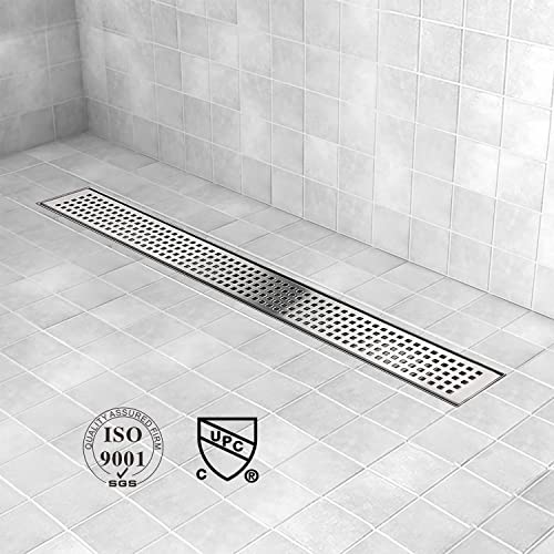 Elefloom Linear Shower Drain, Shower Drain 24 inch with Removable Grate Cover, Professional AISI 304 Stainless Steel Shower Floor Drain, Shower Drain with Hair Catcher and Leveling Feet