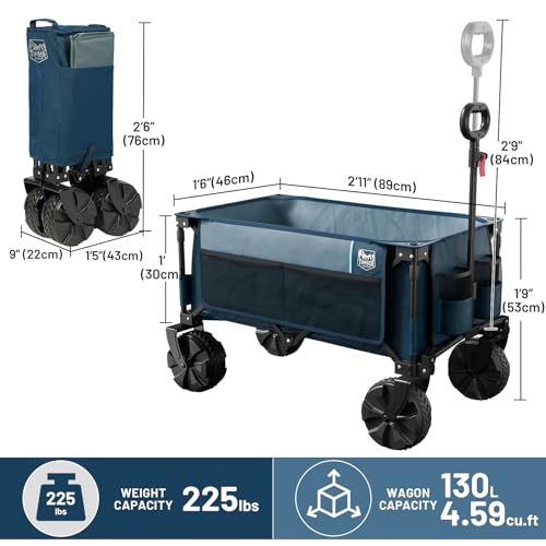 TIMBER RIDGE Outdoor Collapsible Wagon Utility Folding Cart Heavy Duty All Terrain Wheels for Shopping Camping Garden with Side Bag and Cup Holders, Navy