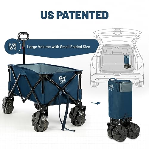 TIMBER RIDGE Outdoor Collapsible Wagon Utility Folding Cart Heavy Duty All Terrain Wheels for Shopping Camping Garden with Side Bag and Cup Holders, Navy