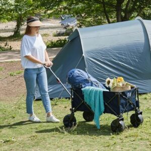 TIMBER RIDGE Outdoor Collapsible Wagon Utility Folding Cart Heavy Duty All Terrain Wheels for Shopping Camping Garden with Side Bag and Cup Holders, Navy