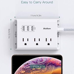 Power Strip with USB, Addtam ETL Certificate Flat Plug Extension Cord with 3 USB Ports, 3 Widely Spaced Outlets, 5 Feet Braided Cord, Desktop Small Travel Power Strip for Cruise Ship, Home, Office