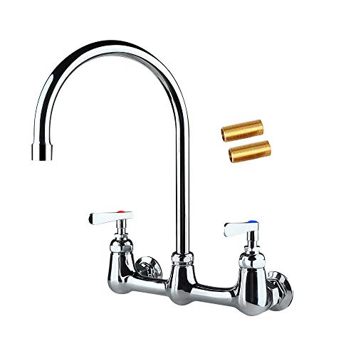 COOLWEST Commercial Wall Mount Faucet 8 Inch Center with 8" Gooseneck Swivel Spout, 2 Handles Heavy Duty Brass Kitchen Sink Faucet, Chrome Finish