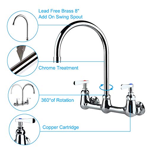 COOLWEST Commercial Wall Mount Faucet 8 Inch Center with 8" Gooseneck Swivel Spout, 2 Handles Heavy Duty Brass Kitchen Sink Faucet, Chrome Finish