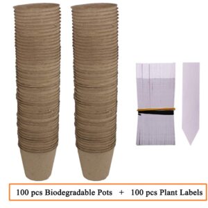 Huvai 100 Pack 3.15" Round Biodegradable Peat Pots Plant Seedling Saplings & Herb Seed Starters Kit with 100 Pcs White Plastic Plant Labels