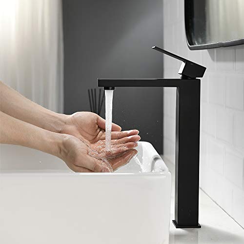 Friho Single Handle Matte Black Tall Bathroom Vessel Sink Faucet, Modern Bathroom Vanity Faucets Vessel Basin Mixer Tap Bathroom Sink Faucet with Drain Pop up&Water Hoses