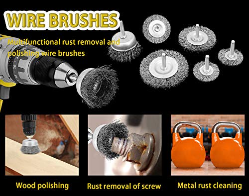 6 Pcs Wire Wheel Cup Brush Set,1/4In Round Shank Wire Brush for Drill Attachment, for Cleaning Rust, Stripping and Abrasive