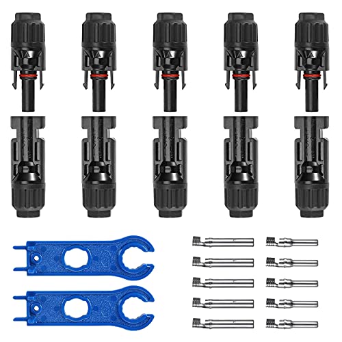 POWLAND Solar Connectors Male & Female IP67 Waterproof Solar Connector Kit, with 2PCS Blue Assembly Tool, Work for Mounted Solar Panel (5 Pairs)