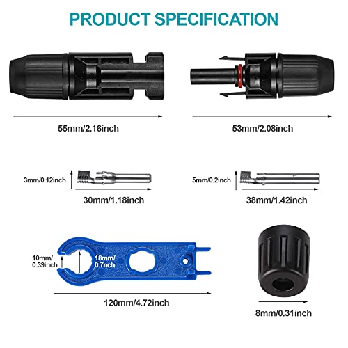 POWLAND Solar Connectors Male & Female IP67 Waterproof Solar Connector Kit, with 2PCS Blue Assembly Tool, Work for Mounted Solar Panel (5 Pairs)