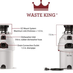 Waste King Legend Series 1 HP Continuous Feed Garbage Disposal with Power Cord - (L-8000) & Garbage Disposal Dishwasher Connector Kit - 1023