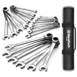 duratech ratcheting wrench set, combination wrench set, sae & metric, 22-piece, 1/4" to 3/4" & 6-18mm, cr-v steel, with pouch