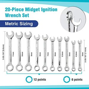 DURATECH Mini Wrench Set, Midget Combination Wrench Set, 20-Piece, Metric & SAE, 4-11mm & 5/32" - 7/16", Lightweight, with Rolling Pouch