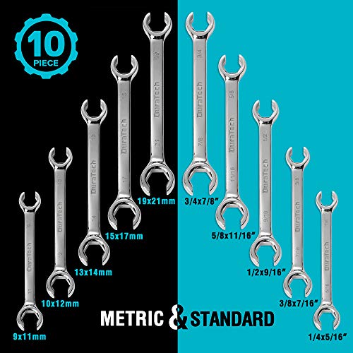 DURATECH Flare Nut Wrench Set, Standard & Metric, 10-Piece, 1/4" to 7/8'' & 9-21mm, CR-V Steel, Organizer Pouch Included