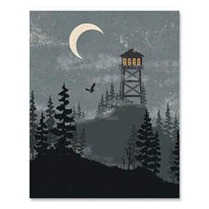 Forest Wilderness Art Print - 18 x 24 Nature Woods Trees Landscape Unframed Artwork Night Sky Lookout Tower Crescent Moon Outdoor Inspiration Poster Calming Peaceful National Park Decor