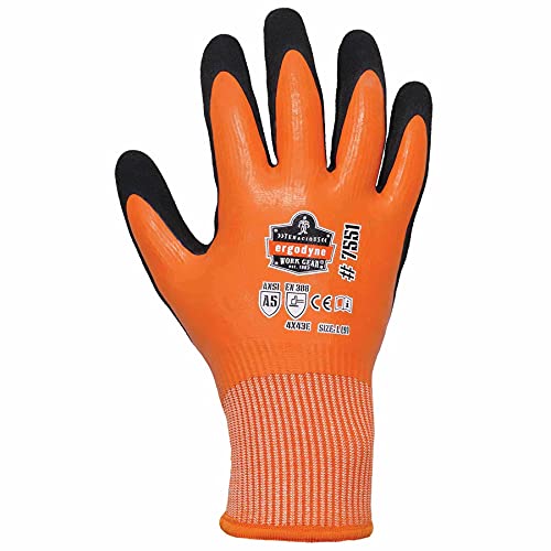 Ergodyne ProFlex 7551 Waterproof Winter Work Gloves, Cut Resistant ANSI A5, Sandy Nitrile Coated Palms, Thermal Fleece Lining Orange