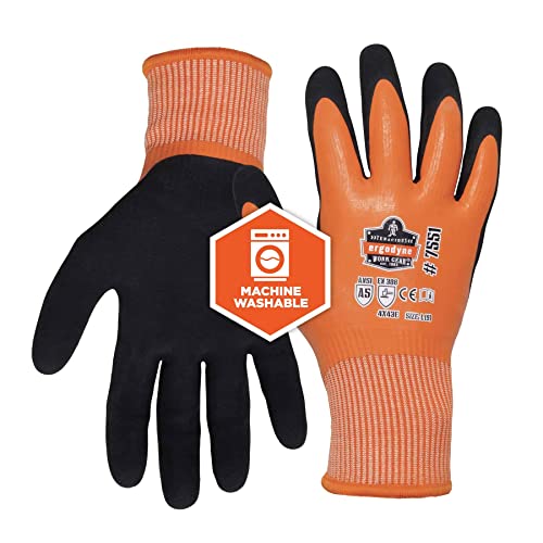 Ergodyne ProFlex 7551 Waterproof Winter Work Gloves, Cut Resistant ANSI A5, Sandy Nitrile Coated Palms, Thermal Fleece Lining Orange