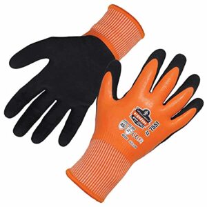 ergodyne proflex 7551 waterproof winter work gloves, cut resistant ansi a5, sandy nitrile coated palms, thermal fleece lining orange
