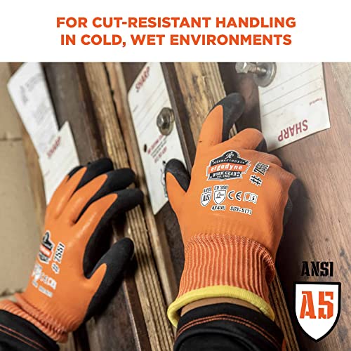 Ergodyne ProFlex 7551 Waterproof Winter Work Gloves, Cut Resistant ANSI A5, Sandy Nitrile Coated Palms, Thermal Fleece Lining Orange