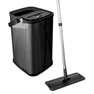 Black Flat Floor Mop and Bucket Set, Stainless Steel Bucket and Telescopic Handle, 2 Washable Mop Pads, Professional Home and Office Cleaner for All Types of Floors, Hardwood, Laminate, Tile