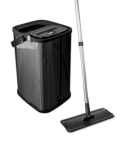 Black Flat Floor Mop and Bucket Set, Stainless Steel Bucket and Telescopic Handle, 2 Washable Mop Pads, Professional Home and Office Cleaner for All Types of Floors, Hardwood, Laminate, Tile