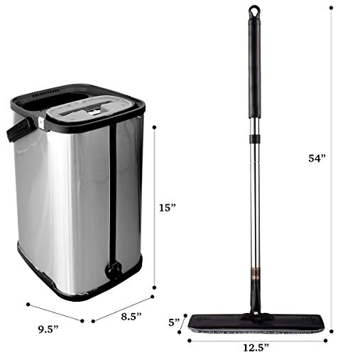 Black Flat Floor Mop and Bucket Set, Stainless Steel Bucket and Telescopic Handle, 2 Washable Mop Pads, Professional Home and Office Cleaner for All Types of Floors, Hardwood, Laminate, Tile