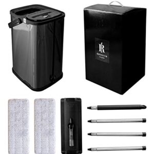 Black Flat Floor Mop and Bucket Set, Stainless Steel Bucket and Telescopic Handle, 2 Washable Mop Pads, Professional Home and Office Cleaner for All Types of Floors, Hardwood, Laminate, Tile