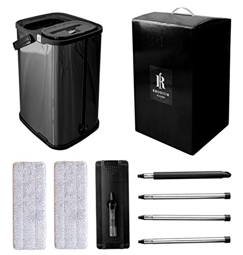 Black Flat Floor Mop and Bucket Set, Stainless Steel Bucket and Telescopic Handle, 2 Washable Mop Pads, Professional Home and Office Cleaner for All Types of Floors, Hardwood, Laminate, Tile